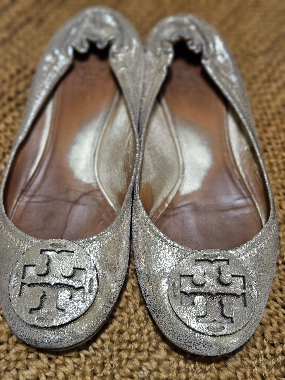 Tory Burch Metallic Gold Minnie Travel Ballet Flats